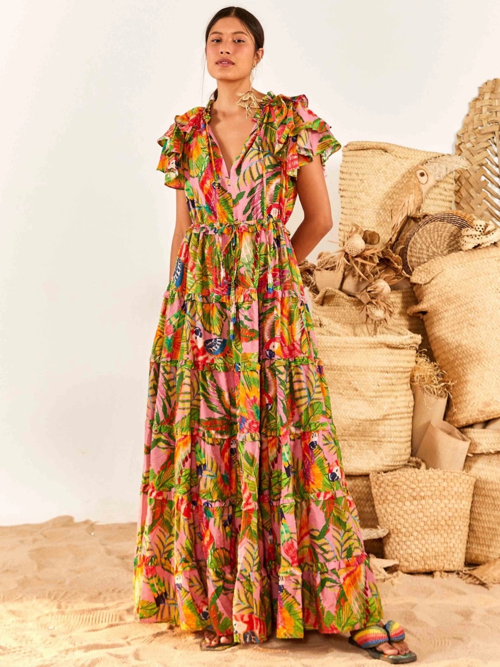NWT FARM Rio Macaw Leaves Flutter-Sleeve Tiered Maxi Dress Size XL Anthropologie